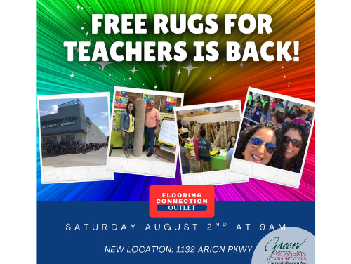 Free Rugs for Teachers event banner – Saturday, August 2nd at Flooring Connection Outlet