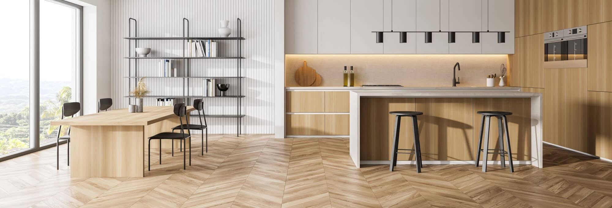 herringbone patterned hardwood in bright kitchen in San Antonio, TX | Flooring Connection Outlet |