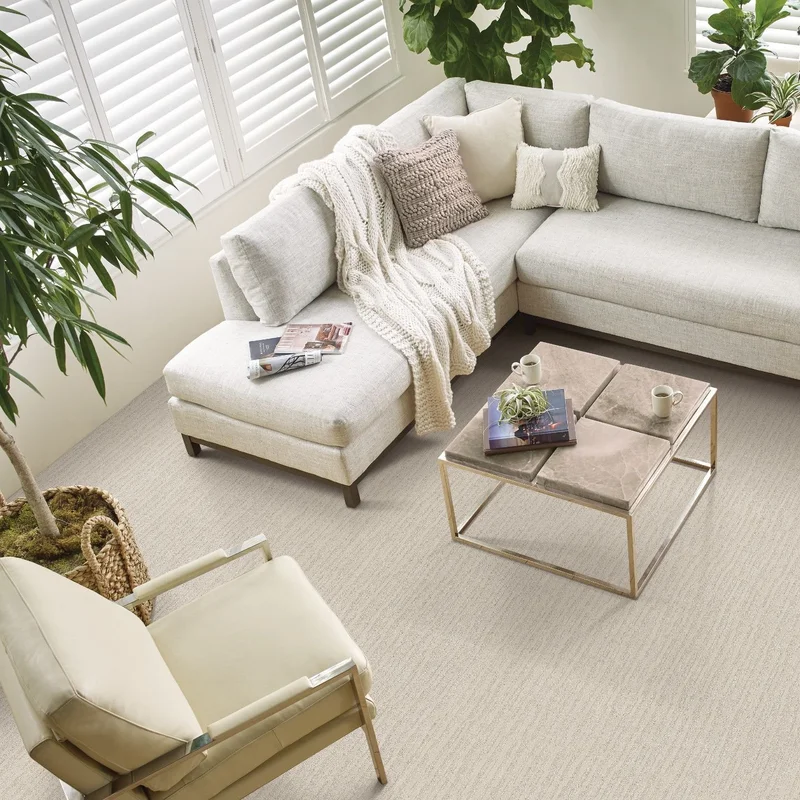 white armchair and white couch in living room with white carpet from The Flooring Connection Outlet in San Antonio, TX