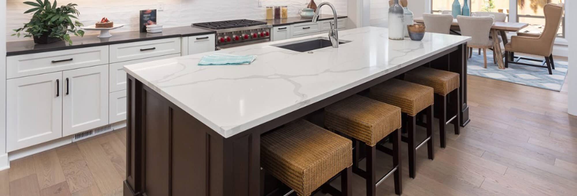 white quartz countertop installed on large kitchen island by Flooring Connection Outlet in San Antonio, TX